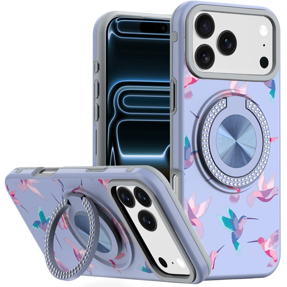 for iphone 17 pro max metal diamond cd pattern design matte finished hybrid with rotational ring [car mount friendly] case hummingbird & floral