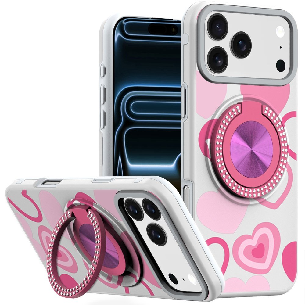 for iphone 17 pro max metal diamond cd pattern design matte finished hybrid with rotational ring [car mount friendly] case hearts