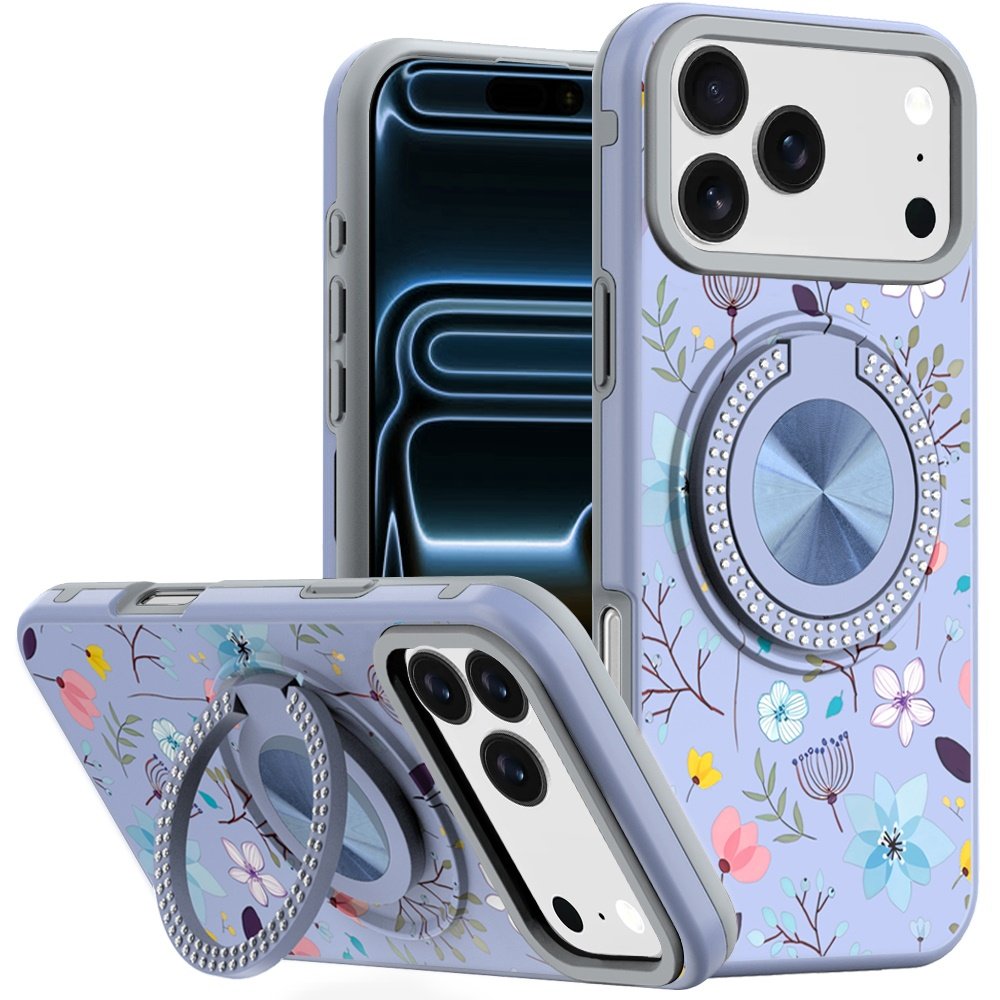 for iphone 17 pro max metal diamond cd pattern design matte finished hybrid with rotational ring [car mount friendly] case lavender floral