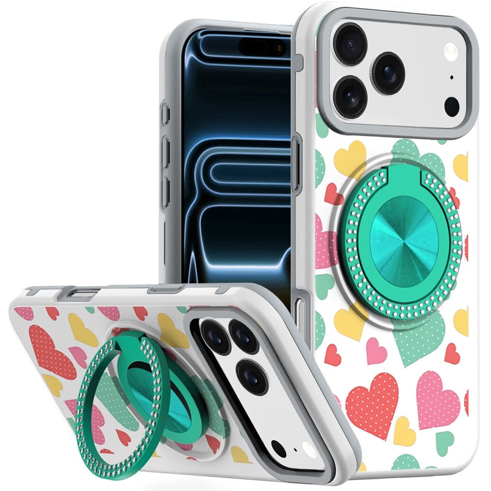 for iphone 17 pro max metal diamond cd pattern design matte finished hybrid with rotational ring [car mount friendly] case pastel hearts