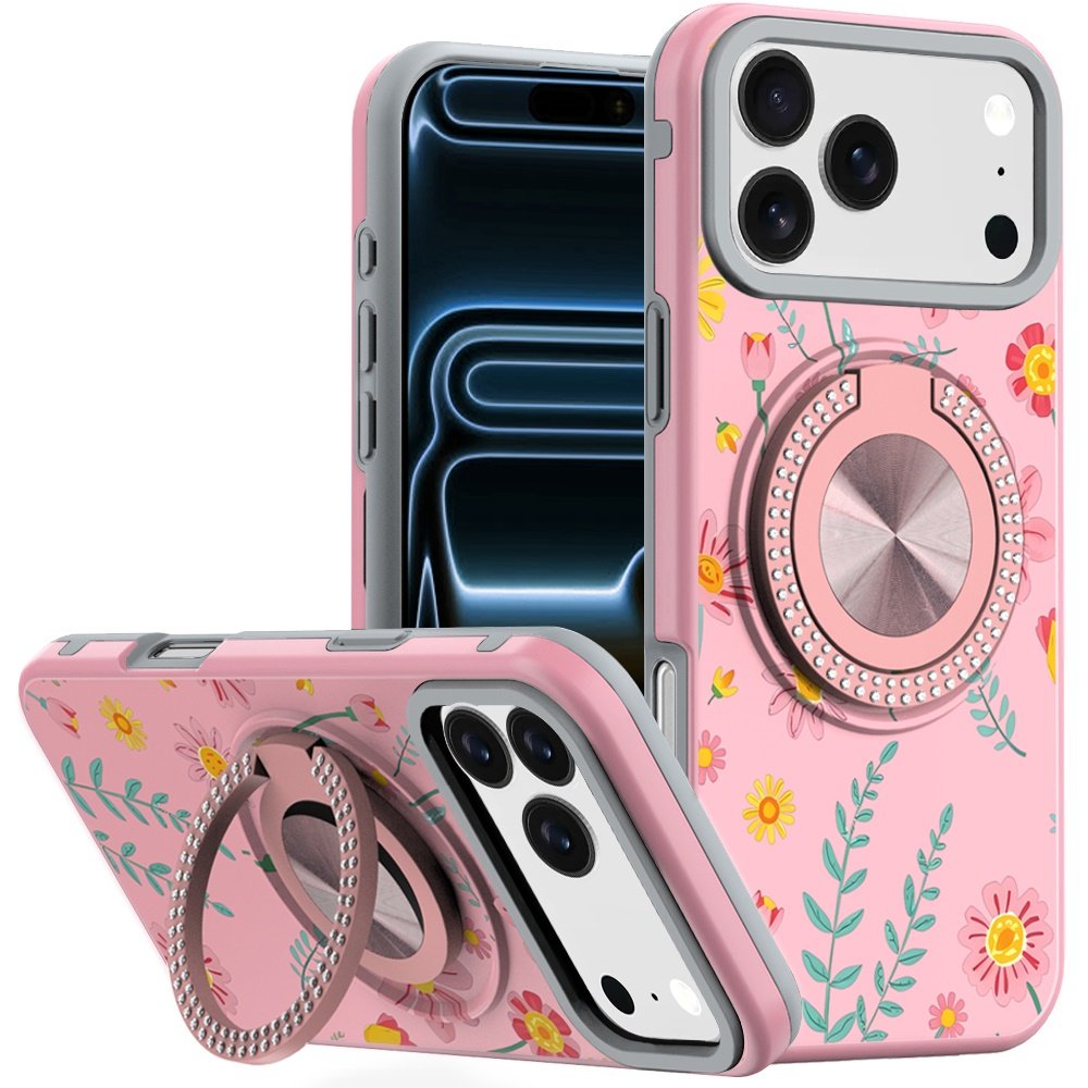 for iphone 17 pro max metal diamond cd pattern design matte finished hybrid with rotational ring [car mount friendly] case pink with daisies and floral