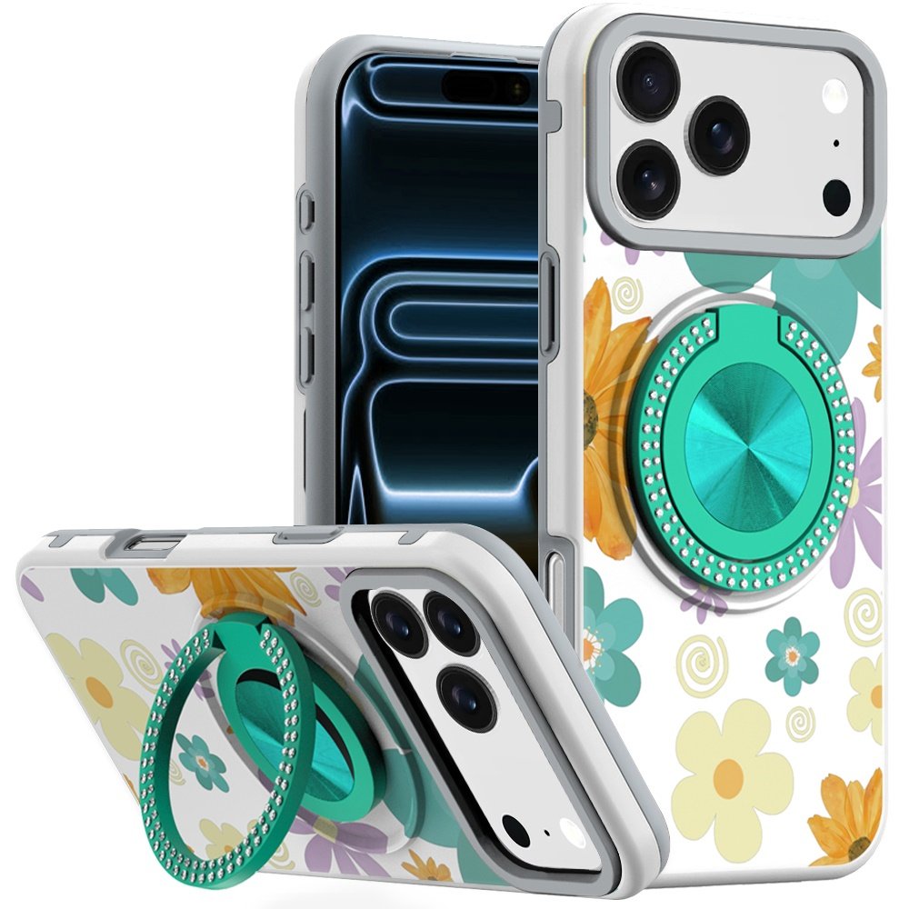 for iphone 17 pro max metal diamond cd pattern design matte finished hybrid with rotational ring [car mount friendly] case yellow & purple flowers