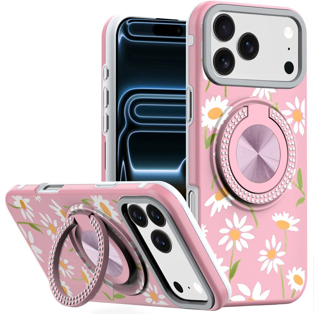 for iphone 17 pro metal diamond cd pattern design matte finished hybrid with rotational ring [car mount friendly] case floral a