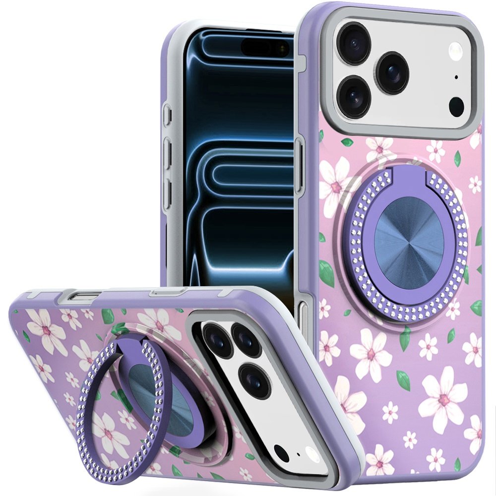 for iphone 17 pro metal diamond cd pattern design matte finished hybrid with rotational ring [car mount friendly] case floral b