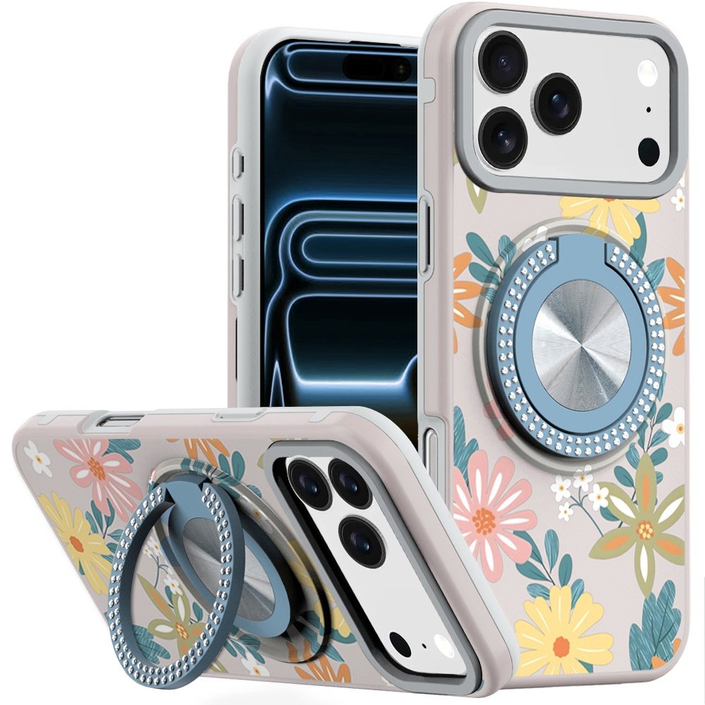 for iphone 17 pro metal diamond cd pattern design matte finished hybrid with rotational ring [car mount friendly] case floral e