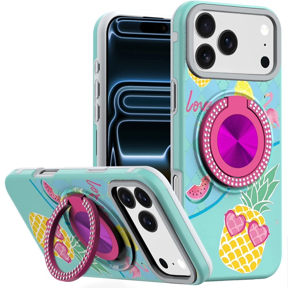 for iphone 17 pro metal diamond cd pattern design matte finished hybrid with rotational ring [car mount friendly] case pineapple