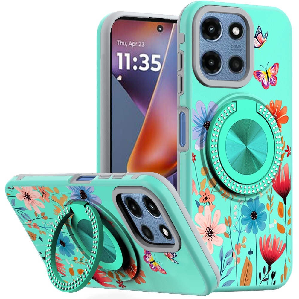 for moto g 5g 2025/2026 g play 2026 metal diamond cd pattern design matte finished hybrid with rotational ring [car mount friendly] case 12
