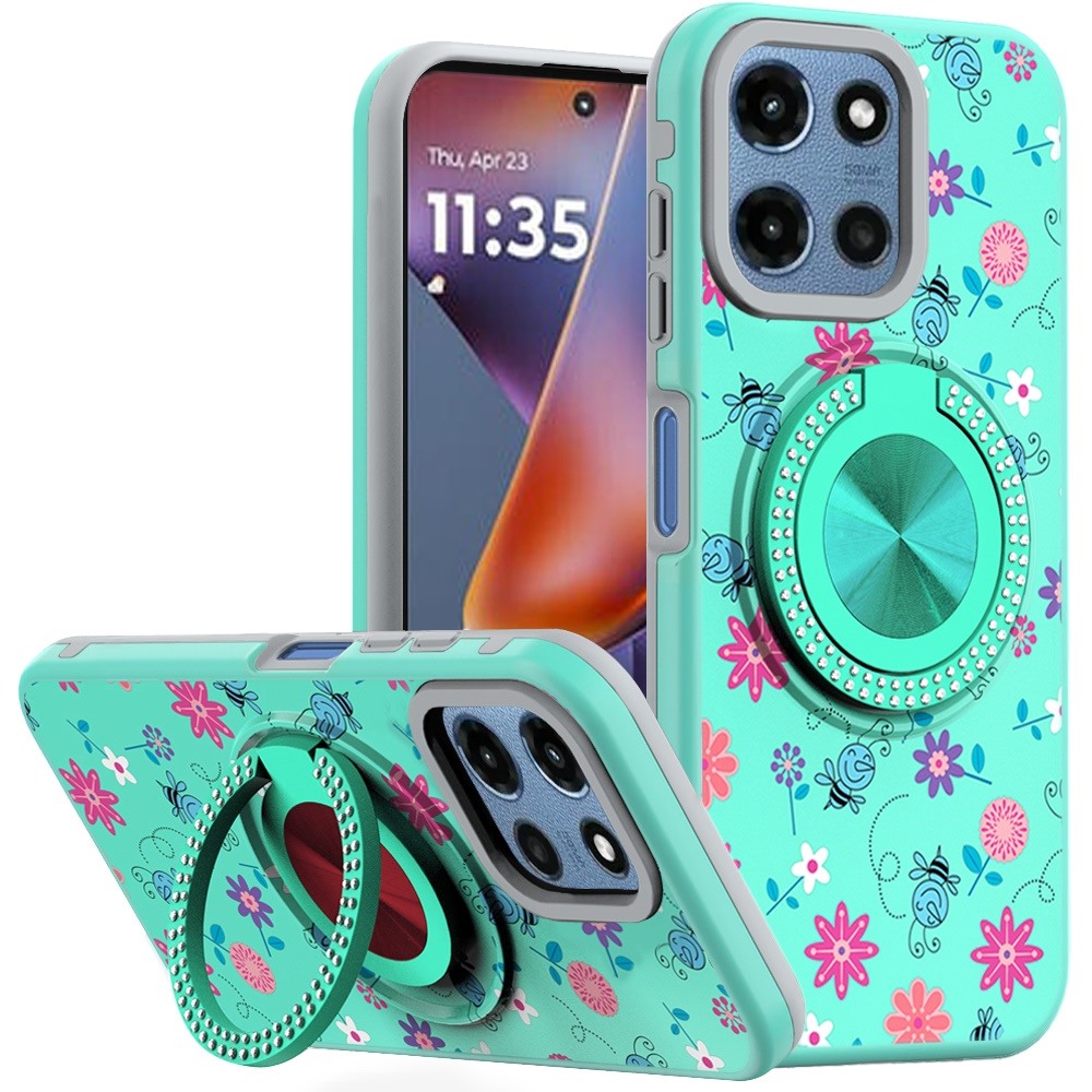 for moto g 5g 2025/2026 g play 2026 metal diamond cd pattern design matte finished hybrid with rotational ring [car mount friendly] case 6