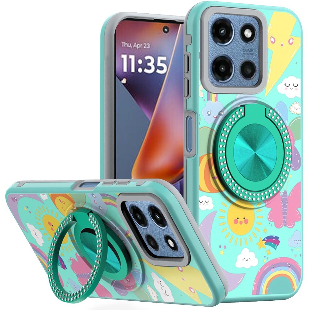 for moto g 5g 2025/2026 g play 2026 metal diamond cd pattern design matte finished hybrid with rotational ring [car mount friendly] case aqua with celestial sun rainbows