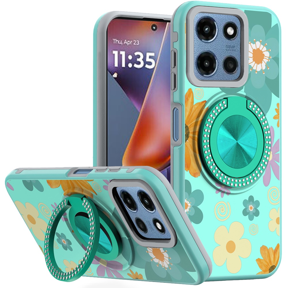 for moto g 5g 2025/2026 g play 2026 metal diamond cd pattern design matte finished hybrid with rotational ring [car mount friendly] case aqua floral & leaves