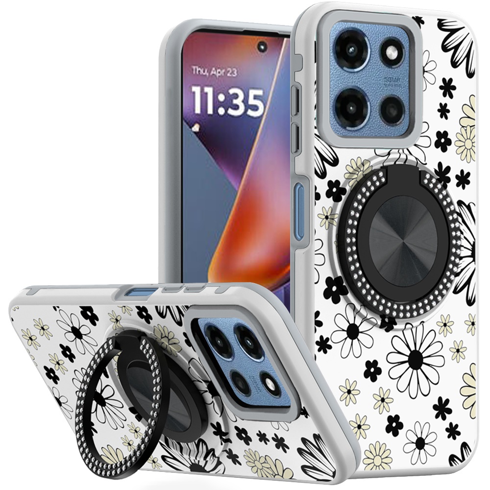 for moto g 5g 2025/2026 g play 2026 metal diamond cd pattern design matte finished hybrid with rotational ring [car mount friendly] case black & white floral