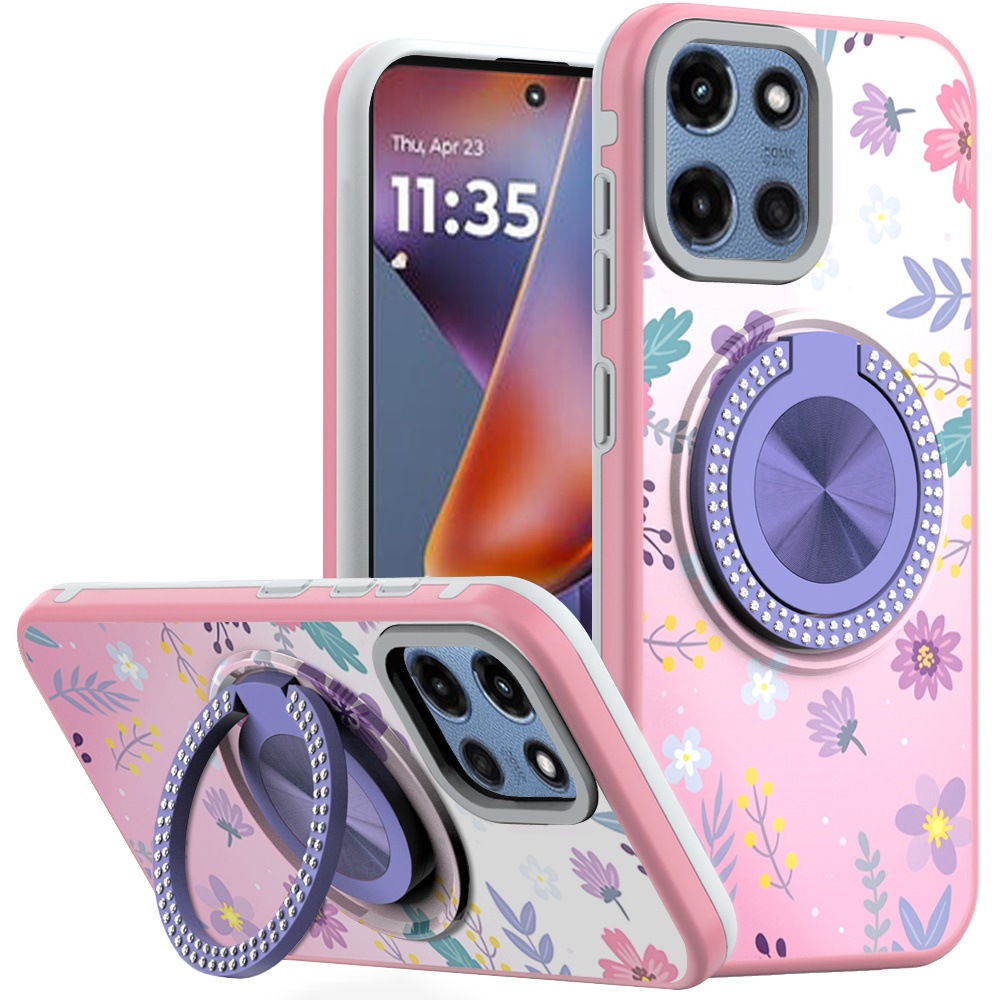 for moto g 5g 2025/2026 g play 2026 metal diamond cd pattern design matte finished hybrid with rotational ring [car mount friendly] case floral c