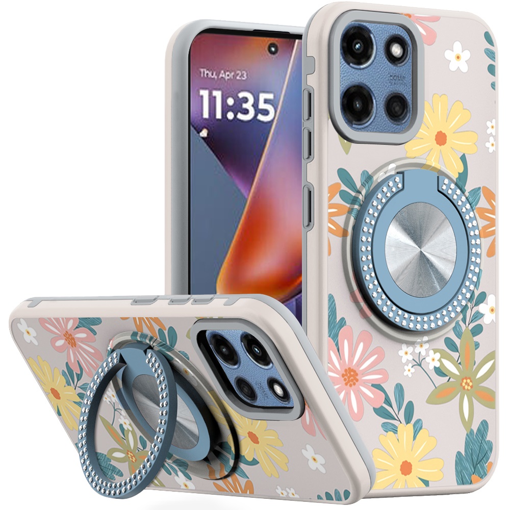for moto g 5g 2025/2026 g play 2026 metal diamond cd pattern design matte finished hybrid with rotational ring [car mount friendly] case floral e