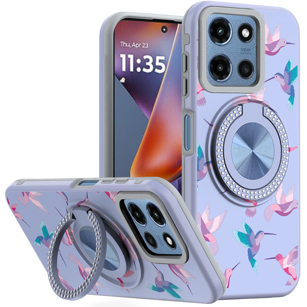 for moto g 5g 2025/2026 g play 2026 metal diamond cd pattern design matte finished hybrid with rotational ring [car mount friendly] case hummingbird & floral