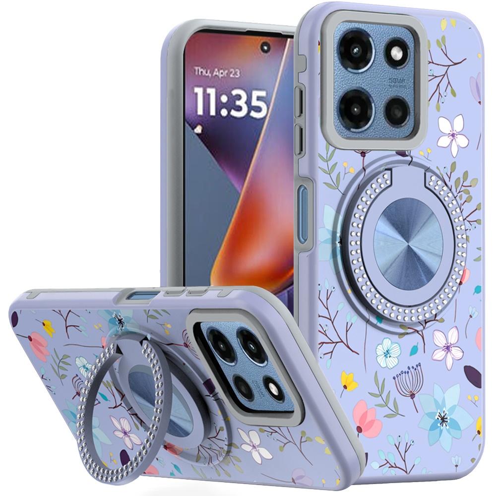 for moto g 5g 2025/2026 g play 2026 metal diamond cd pattern design matte finished hybrid with rotational ring [car mount friendly] case lavender floral