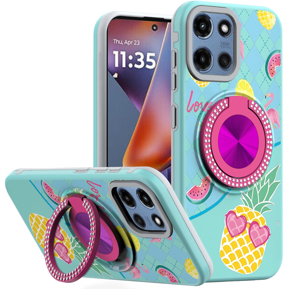 for moto g 5g 2025/2026 g play 2026 metal diamond cd pattern design matte finished hybrid with rotational ring [car mount friendly] case pineapple