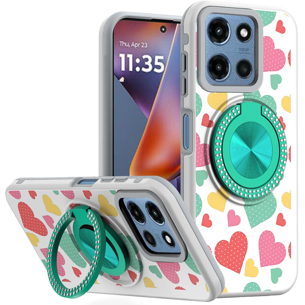 for moto g 5g 2025/2026 g play 2026 metal diamond cd pattern design matte finished hybrid with rotational ring [car mount friendly] case pastel hearts