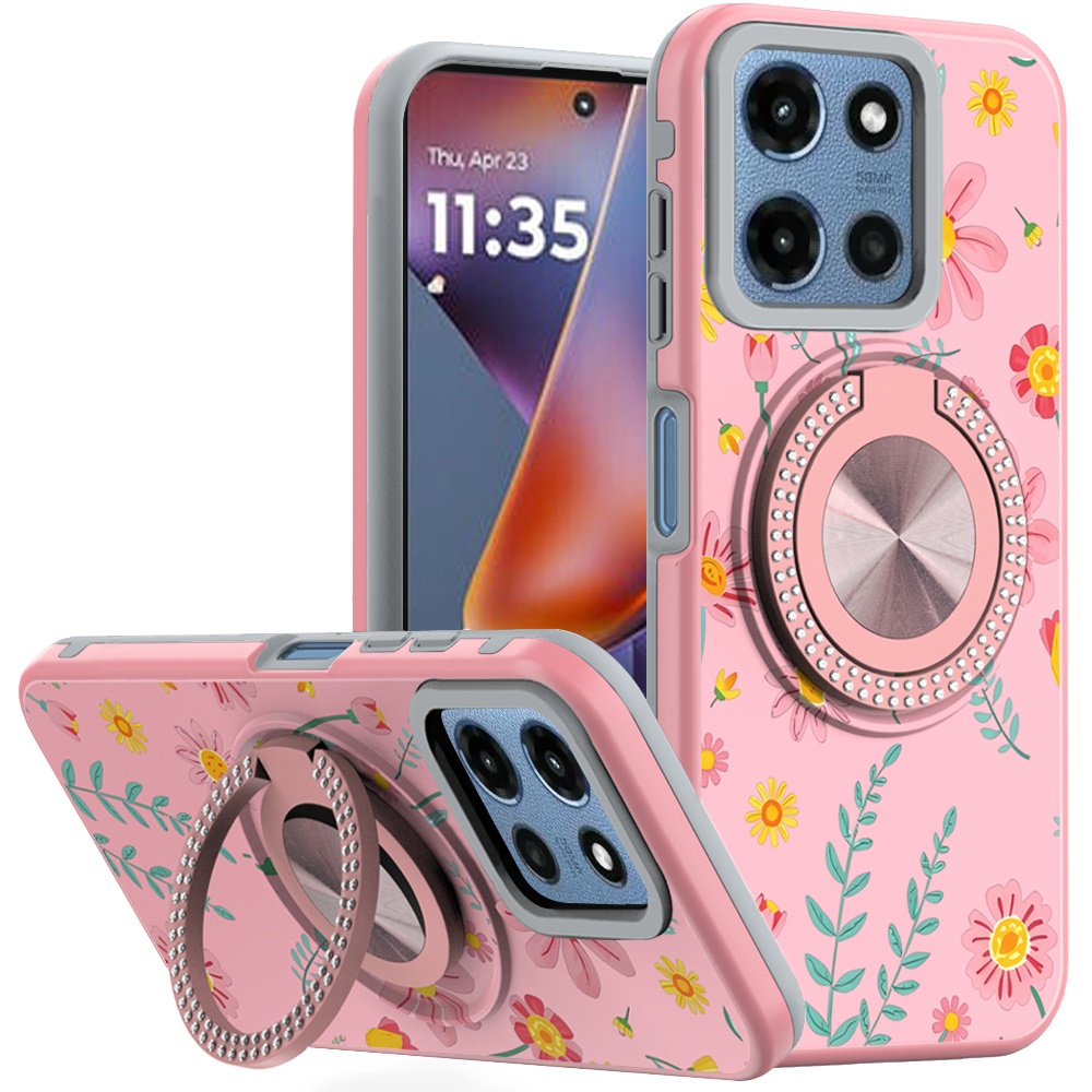 for moto g 5g 2025/2026 g play 2026 metal diamond cd pattern design matte finished hybrid with rotational ring [car mount friendly] case pink with daisies and floral