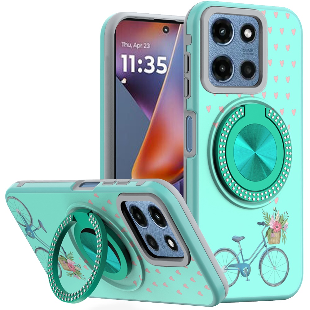 for moto g 5g 2025/2026 g play 2026 metal diamond cd pattern design matte finished hybrid with rotational ring [car mount friendly] case teal bicycle with flowers