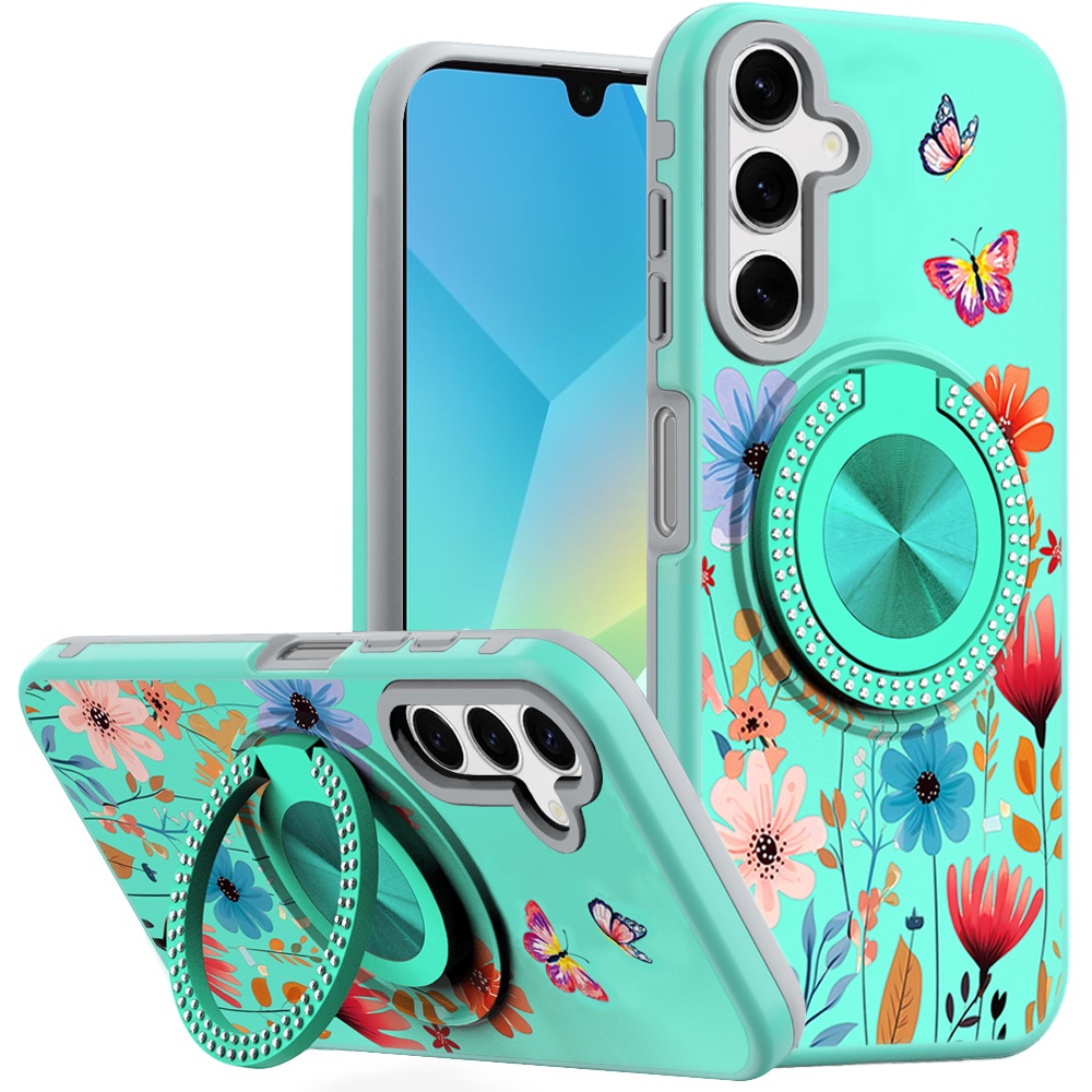 for samsung a16 5g metal diamond cd pattern design matte finished hybrid with rotational ring [car mount friendly] case 12