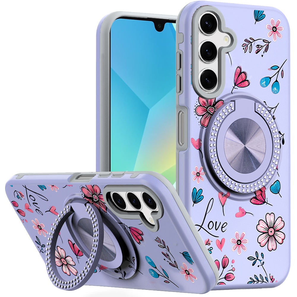 for samsung a16 5g metal diamond cd pattern design matte finished hybrid with rotational ring [car mount friendly] case 13