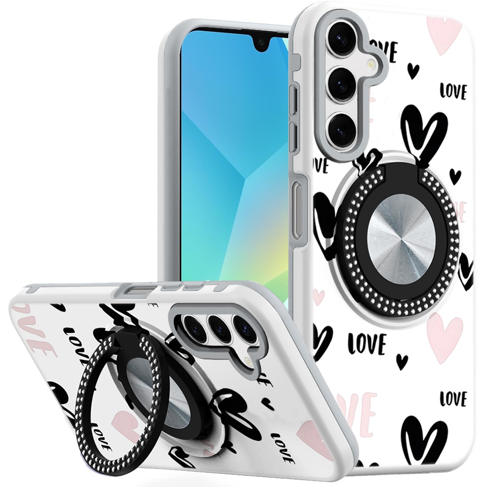 for samsung a16 5g metal diamond cd pattern design matte finished hybrid with rotational ring [car mount friendly] case 2