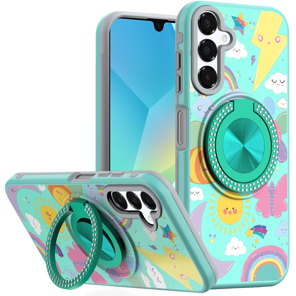 for samsung a16 5g metal diamond cd pattern design matte finished hybrid with rotational ring [car mount friendly] case aqua with celestial sun rainbows