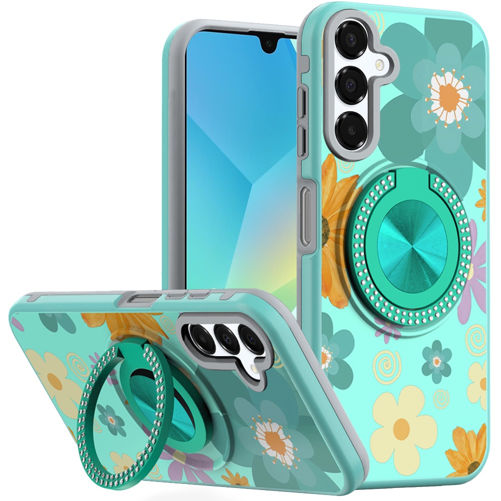 for samsung a16 5g metal diamond cd pattern design matte finished hybrid with rotational ring [car mount friendly] case aqua floral & leaves