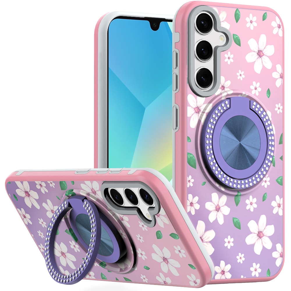 for samsung a16 5g metal diamond cd pattern design matte finished hybrid with rotational ring [car mount friendly] case floral b