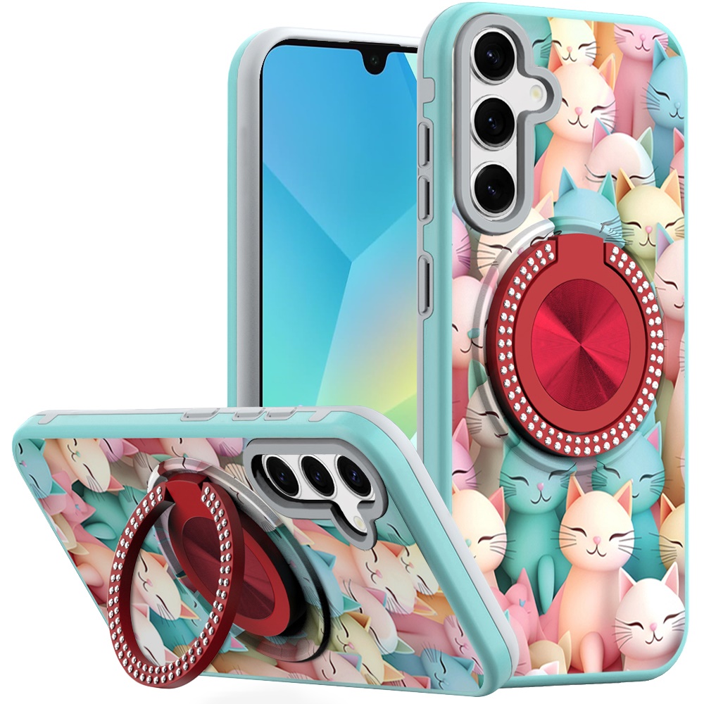 for samsung a16 5g metal diamond cd pattern design matte finished hybrid with rotational ring [car mount friendly] case cats