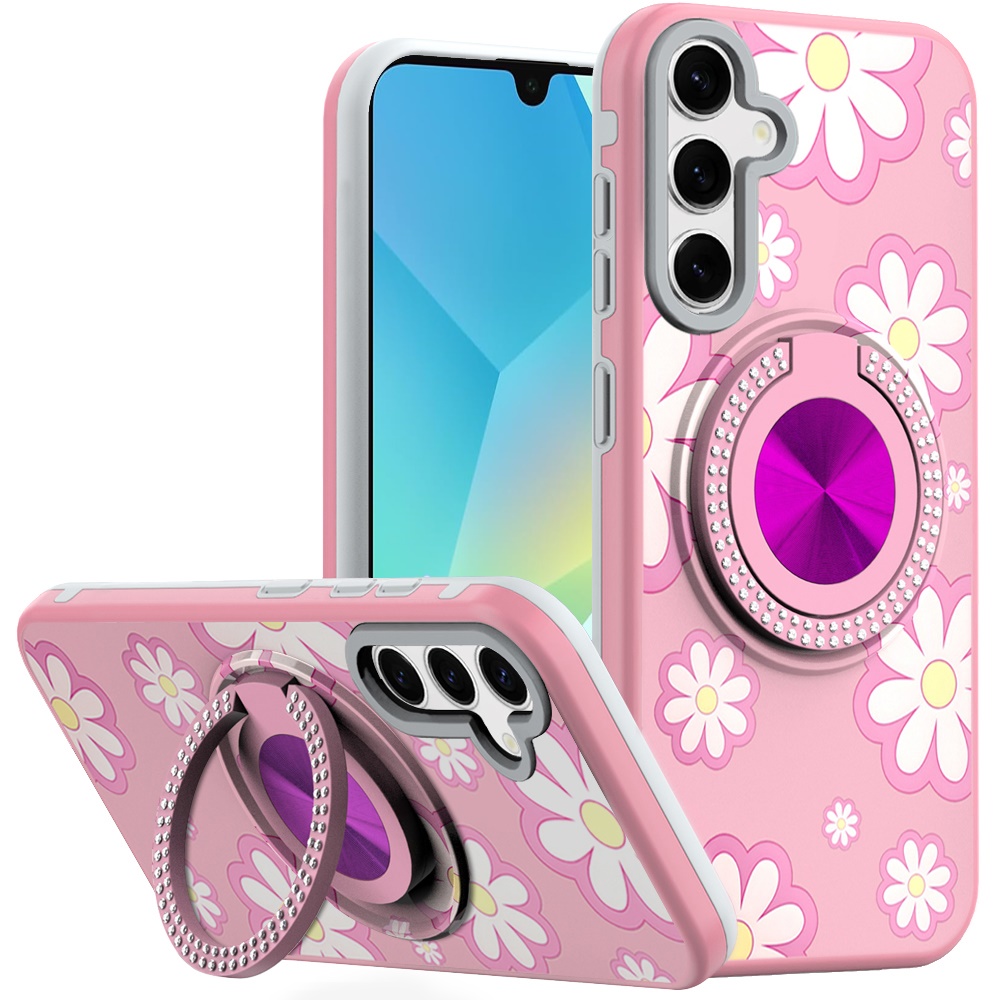 for samsung a16 5g metal diamond cd pattern design matte finished hybrid with rotational ring [car mount friendly] case floral d