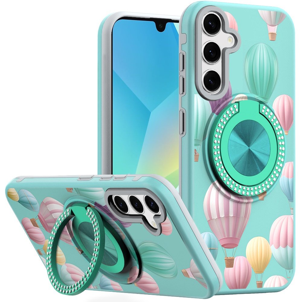 for samsung a16 5g metal diamond cd pattern design matte finished hybrid with rotational ring [car mount friendly] case hot air balloon