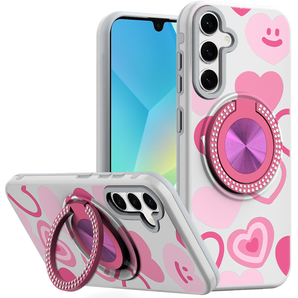 for samsung a16 5g metal diamond cd pattern design matte finished hybrid with rotational ring [car mount friendly] case hearts