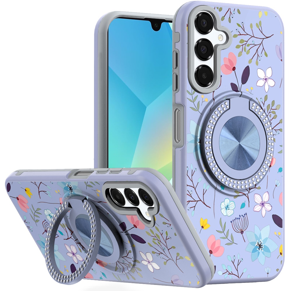 for samsung a16 5g metal diamond cd pattern design matte finished hybrid with rotational ring [car mount friendly] case lavender floral