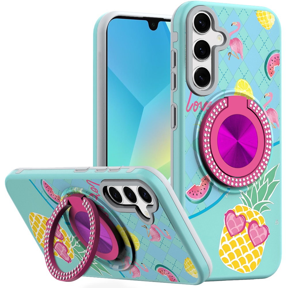 for samsung a16 5g metal diamond cd pattern design matte finished hybrid with rotational ring [car mount friendly] case pineapple
