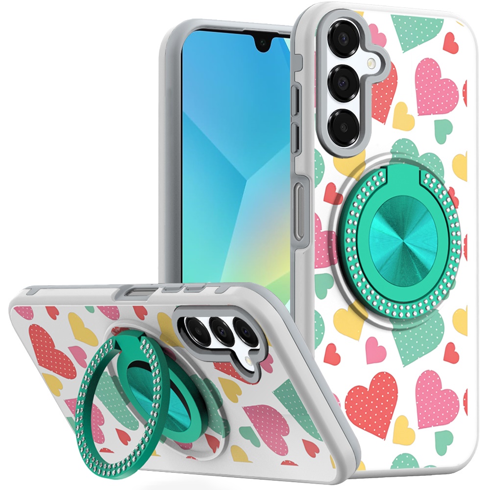 for samsung a16 5g metal diamond cd pattern design matte finished hybrid with rotational ring [car mount friendly] case pastel hearts