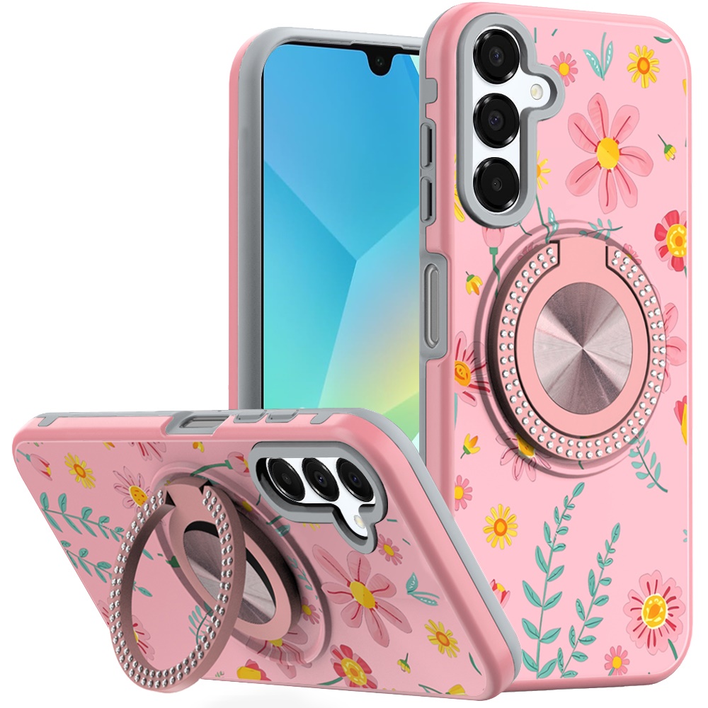 for samsung a16 5g metal diamond cd pattern design matte finished hybrid with rotational ring [car mount friendly] case pink with daisies and floral