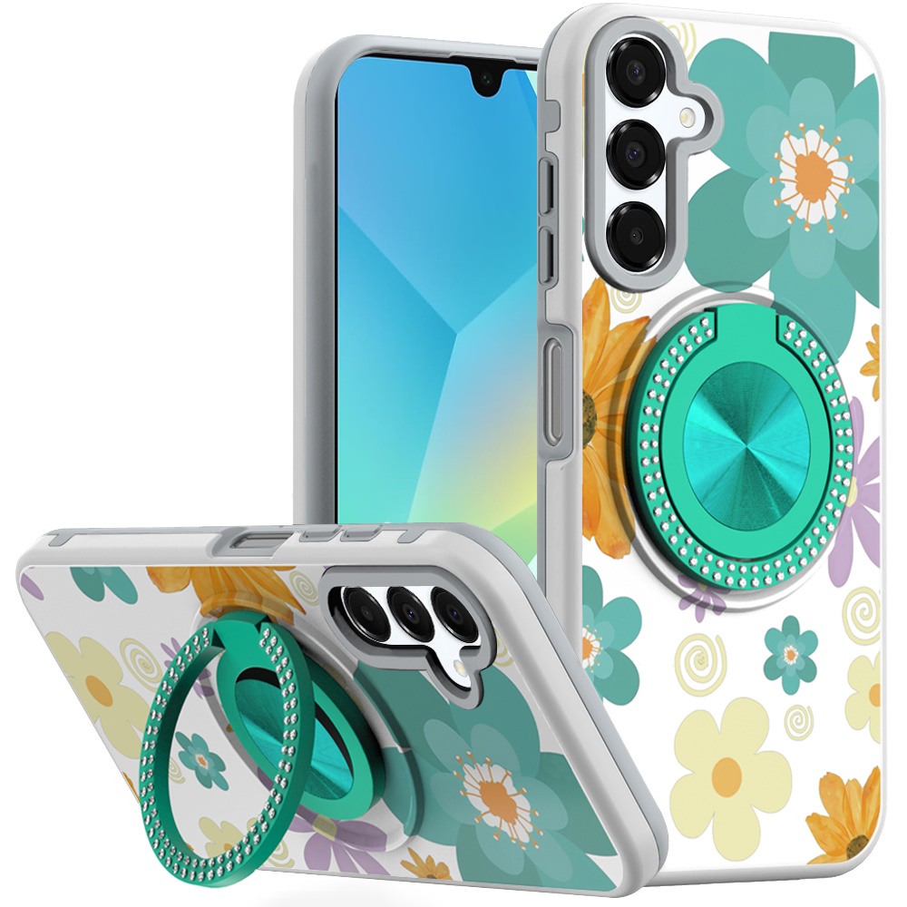 for samsung a16 5g metal diamond cd pattern design matte finished hybrid with rotational ring [car mount friendly] case yellow & purple flowers