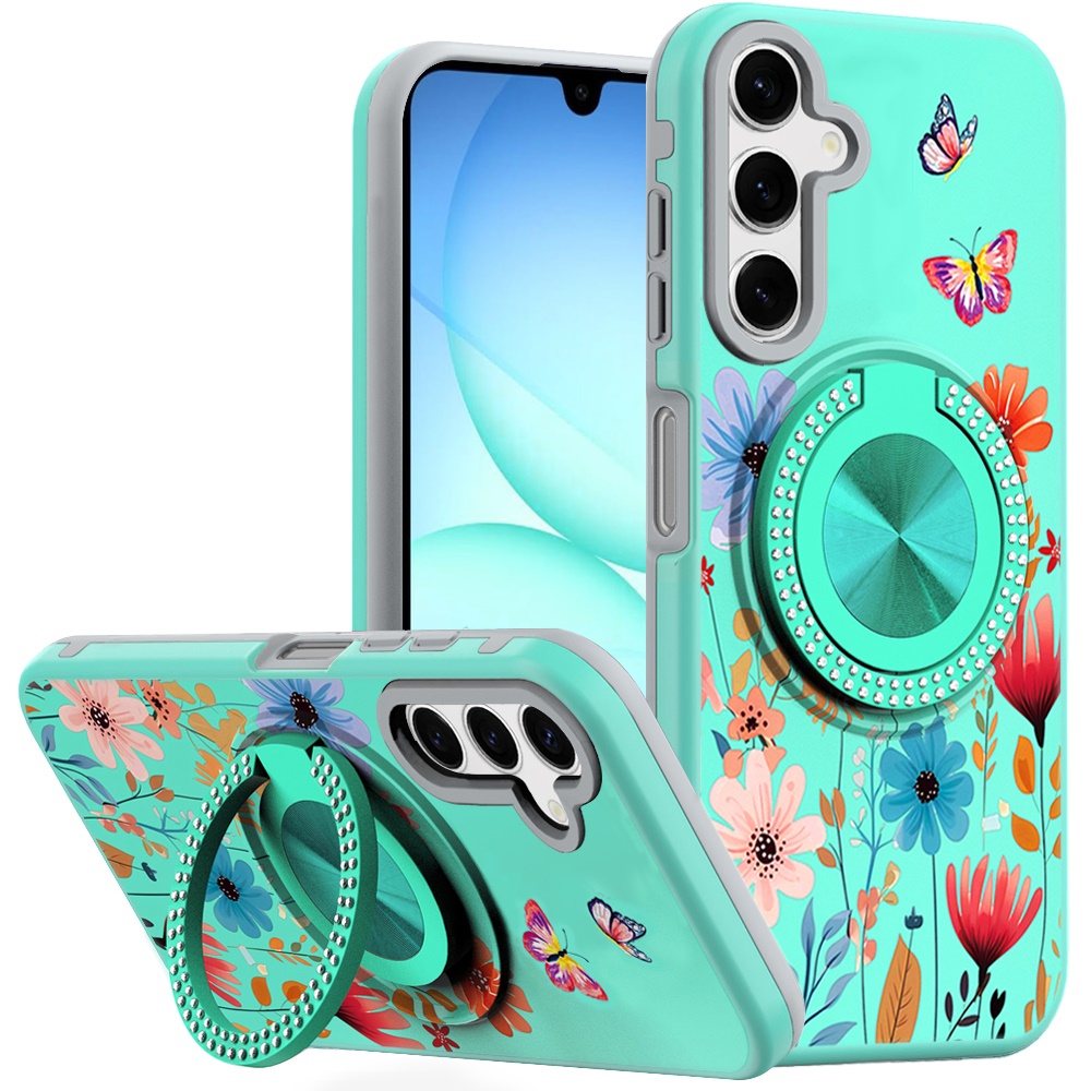 for samsung a17 5g metal diamond cd pattern design matte finished hybrid with rotational ring [car mount friendly] case 12