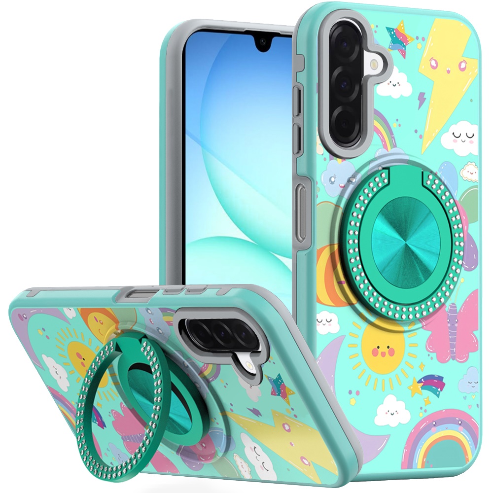 for samsung a17 5g metal diamond cd pattern design matte finished hybrid with rotational ring [car mount friendly] case aqua with celestial sun rainbows