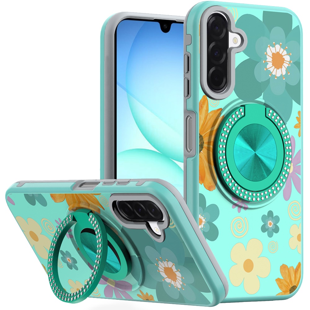 for samsung a17 5g metal diamond cd pattern design matte finished hybrid with rotational ring [car mount friendly] case aqua floral & leaves