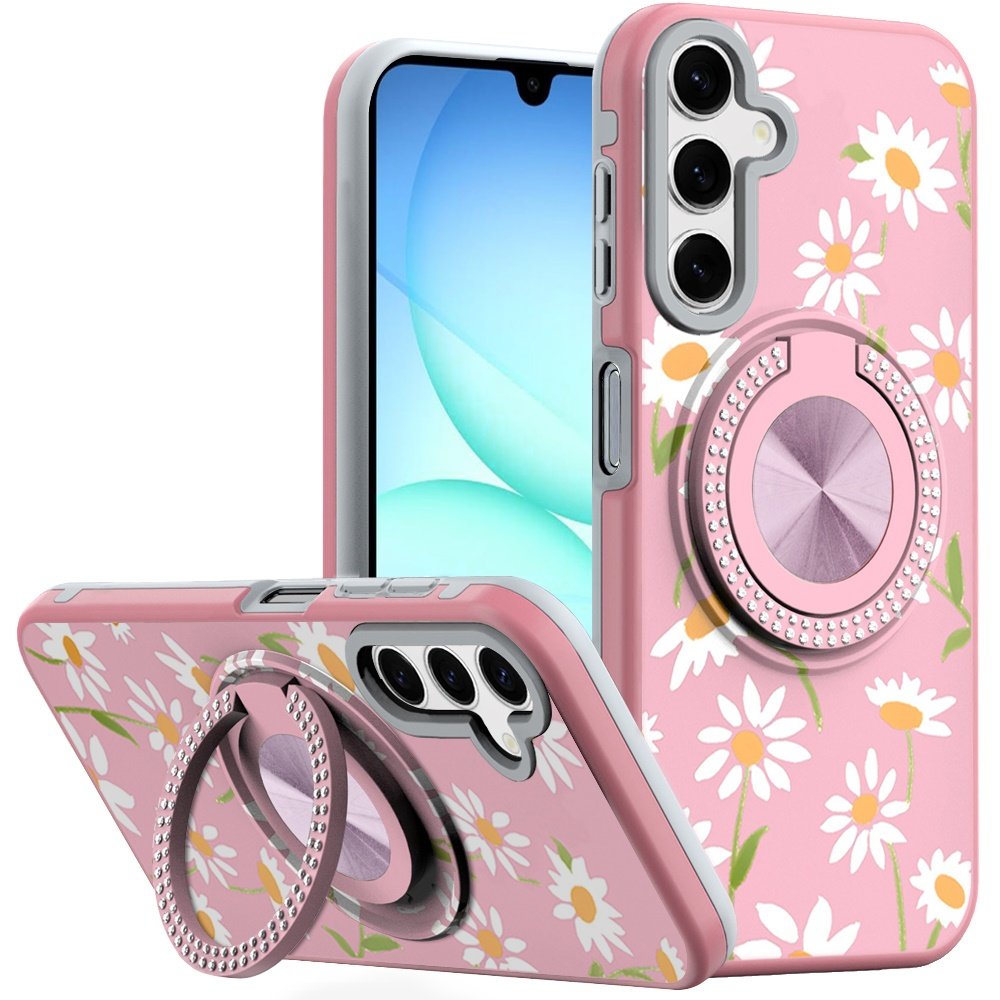 for samsung a17 5g metal diamond cd pattern design matte finished hybrid with rotational ring [car mount friendly] case floral a