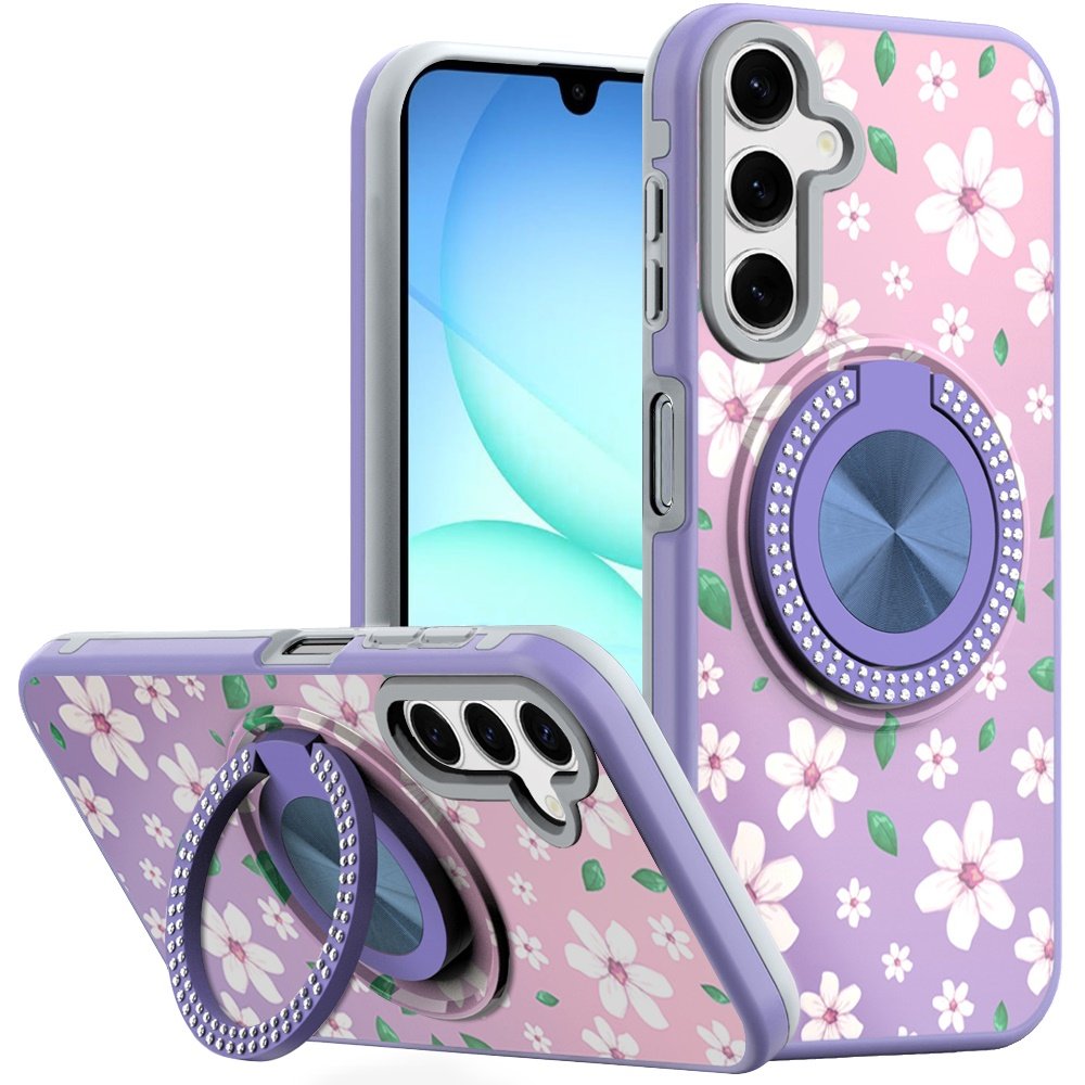 for samsung a17 5g metal diamond cd pattern design matte finished hybrid with rotational ring [car mount friendly] case floral b