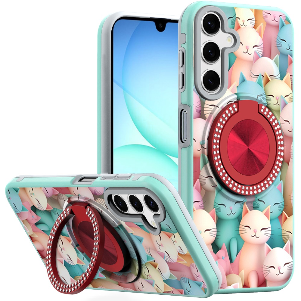 for samsung a17 5g metal diamond cd pattern design matte finished hybrid with rotational ring [car mount friendly] case cats