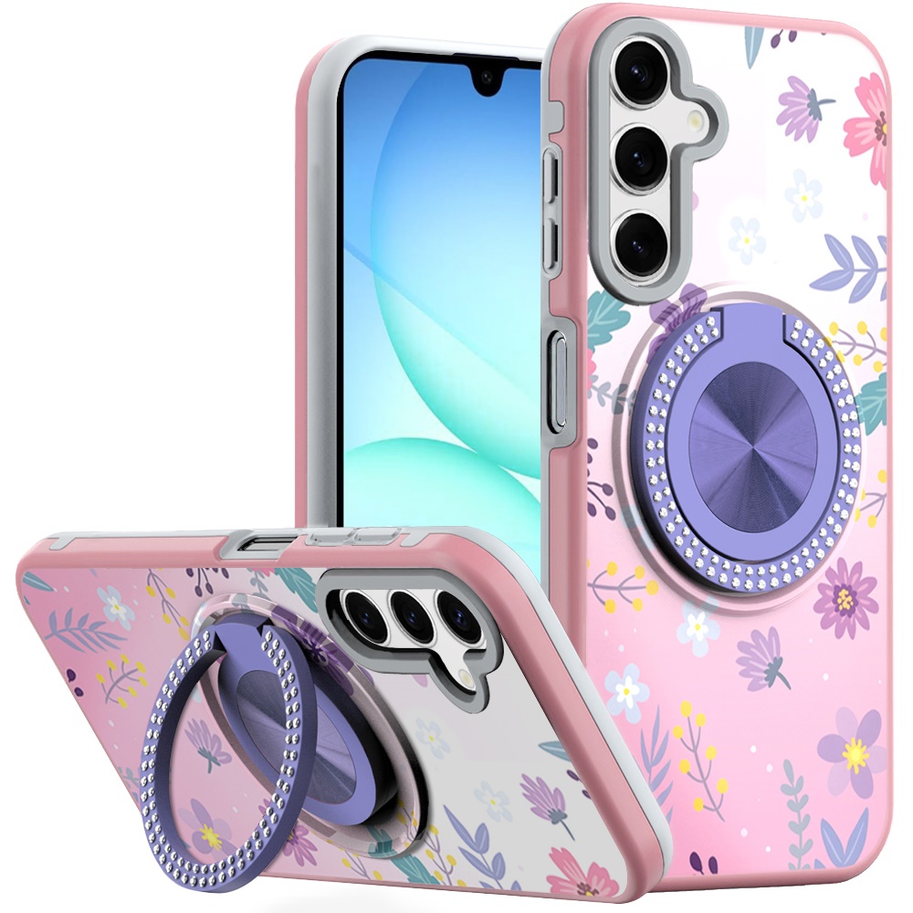 for samsung a17 5g metal diamond cd pattern design matte finished hybrid with rotational ring [car mount friendly] case floral c