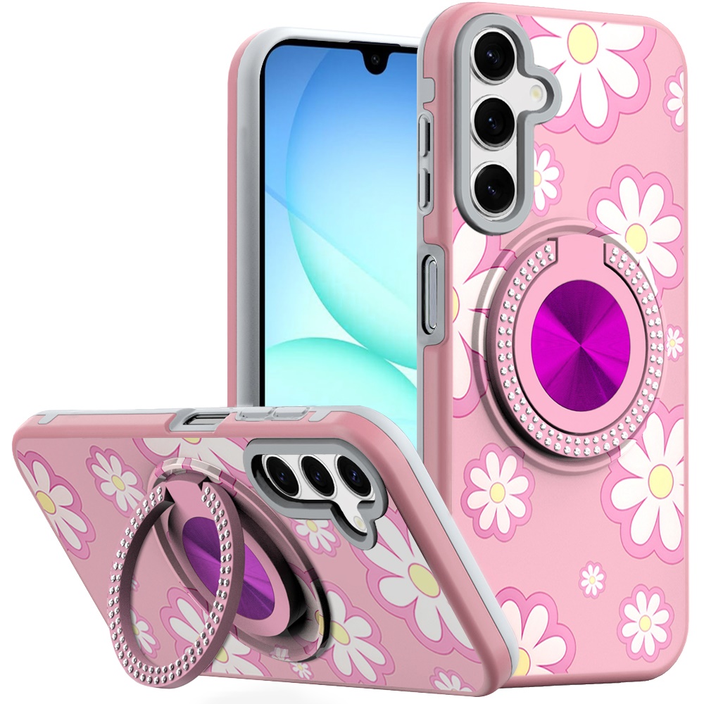 for samsung a17 5g metal diamond cd pattern design matte finished hybrid with rotational ring [car mount friendly] case floral d