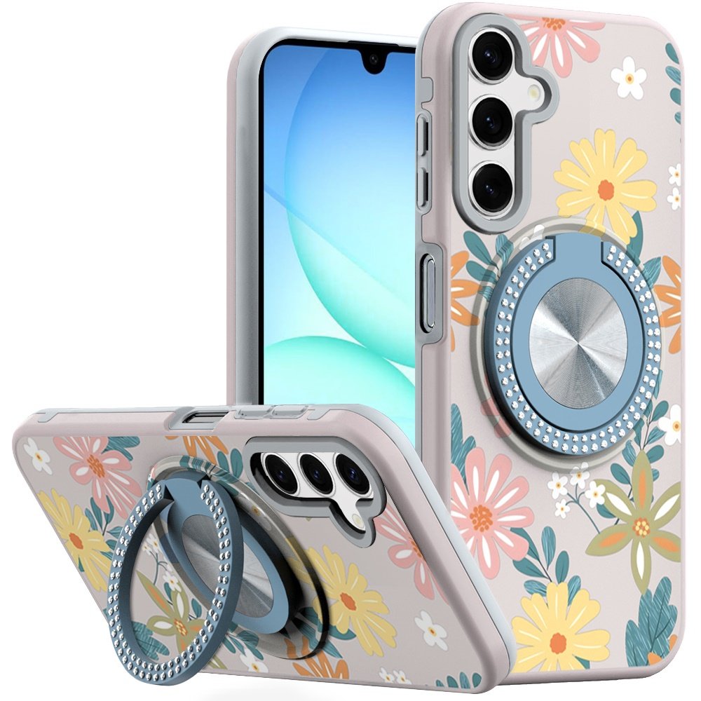 for samsung a17 5g metal diamond cd pattern design matte finished hybrid with rotational ring [car mount friendly] case floral e