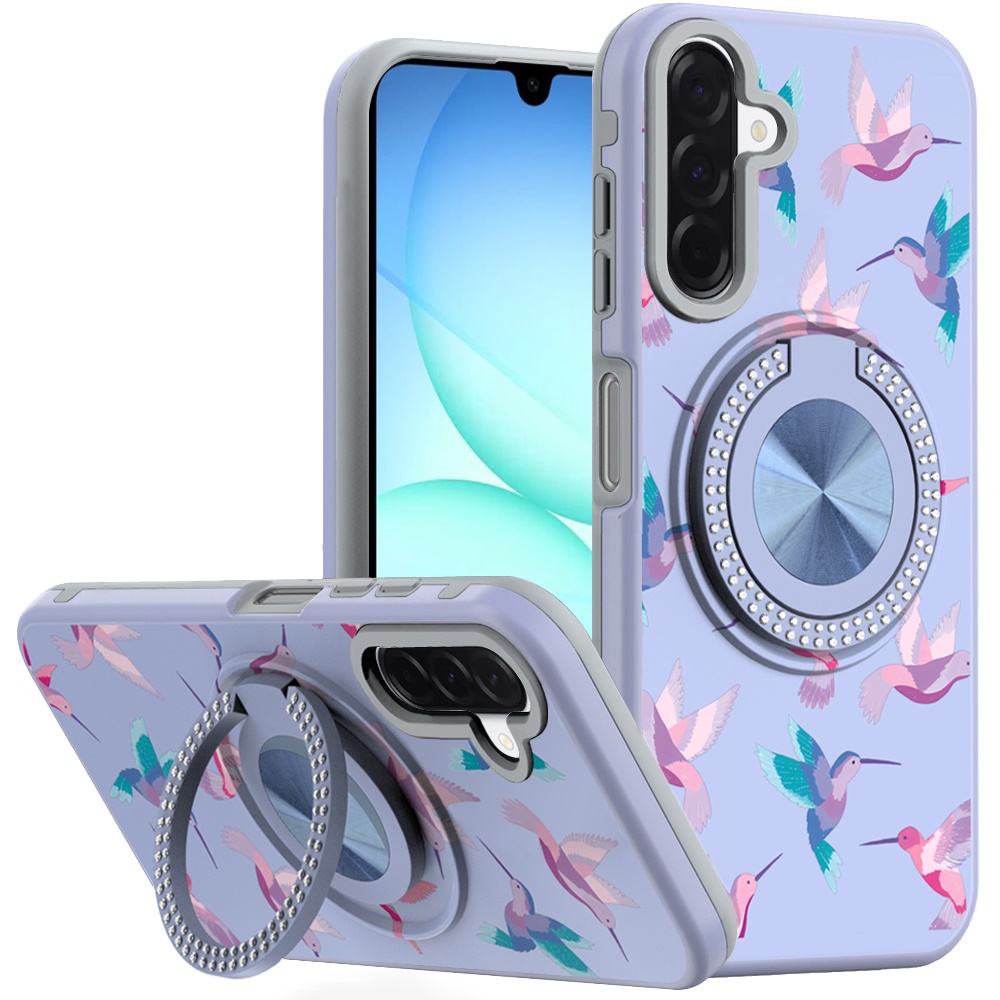 for samsung a17 5g metal diamond cd pattern design matte finished hybrid with rotational ring [car mount friendly] case hummingbird & floral