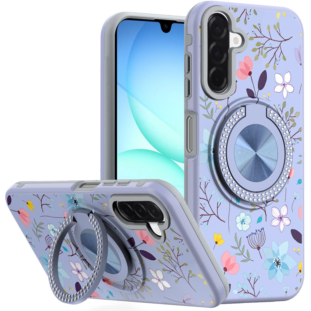 for samsung a17 5g metal diamond cd pattern design matte finished hybrid with rotational ring [car mount friendly] case lavender floral