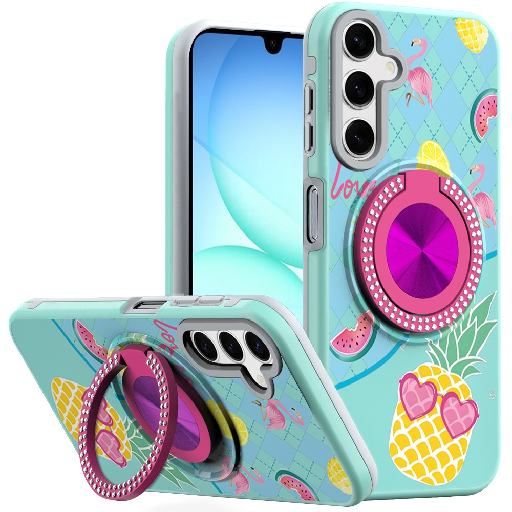 for samsung a17 5g metal diamond cd pattern design matte finished hybrid with rotational ring [car mount friendly] case pineapple